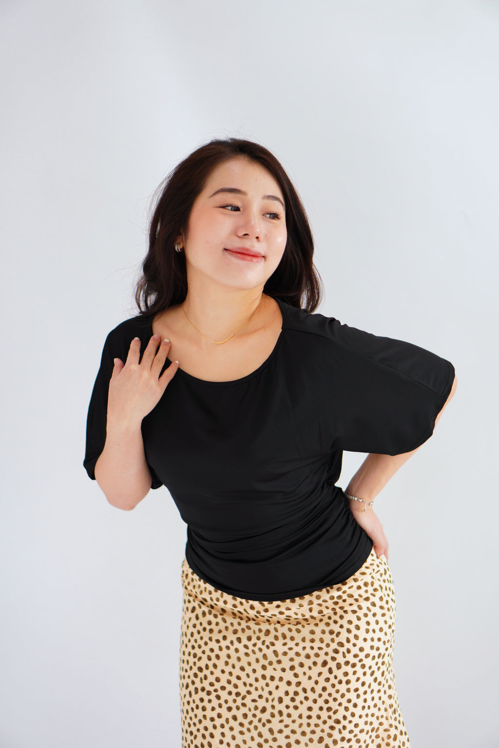 Micienne Ruched Tie Waist Flare Sleeves Top in Black