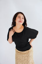 Micienne Ruched Tie Waist Flare Sleeves Top in Black