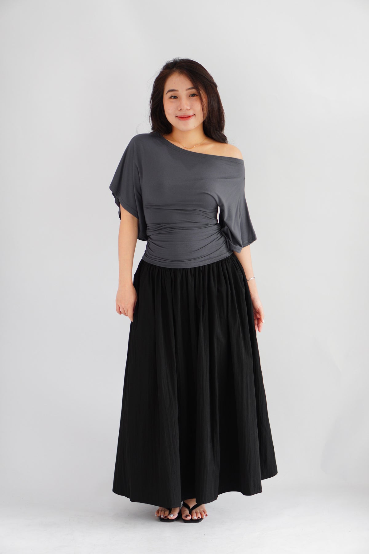 Sabrina Flutter Sleeves Ruched Waist Top in Grey