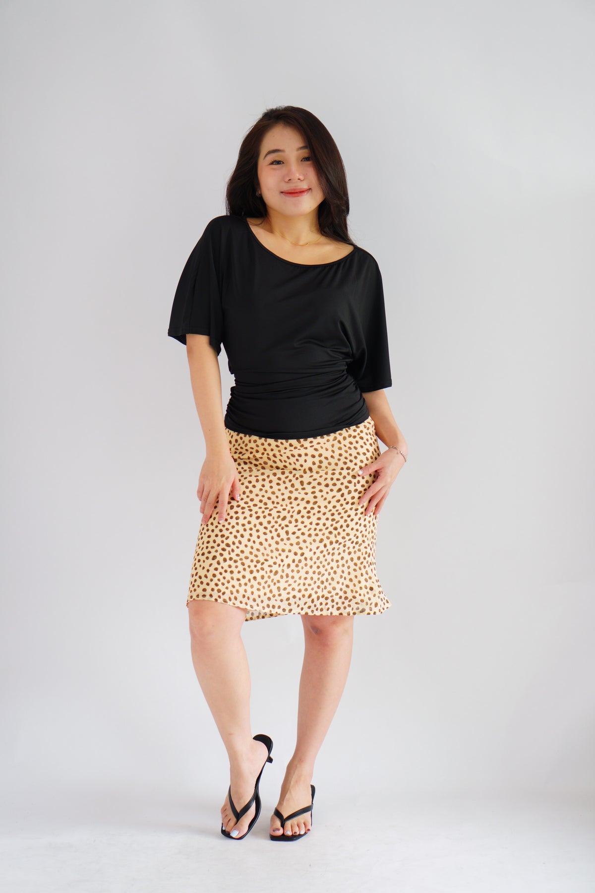 Micienne Ruched Tie Waist Flare Sleeves Top in Black