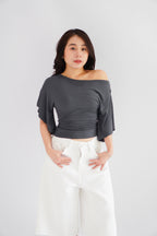 Sabrina Flutter Sleeves Ruched Waist Top in Grey