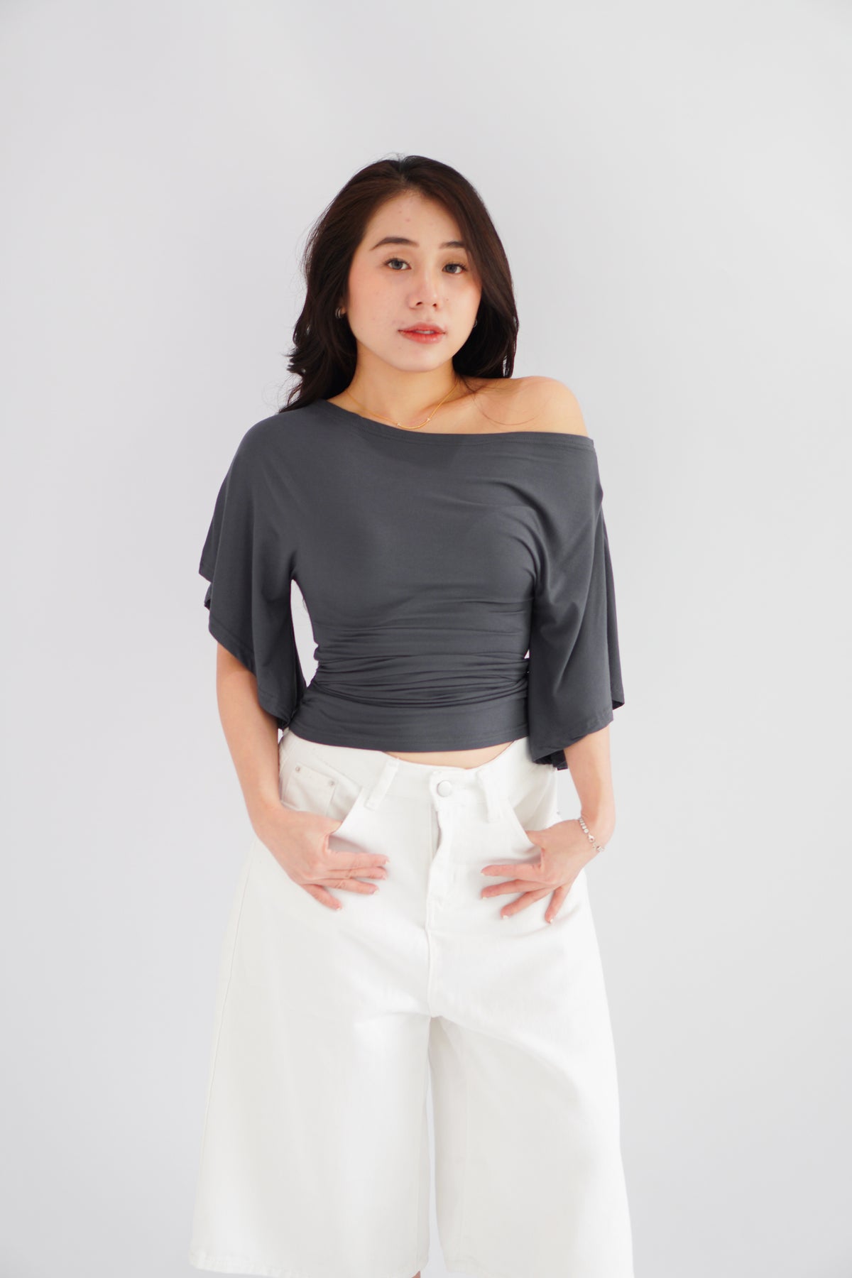 Sabrina Flutter Sleeves Ruched Waist Top in Grey