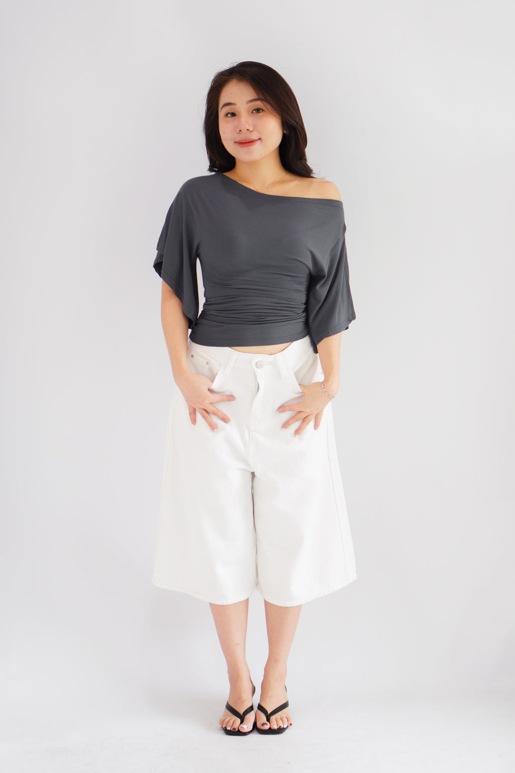 Sabrina Flutter Sleeves Ruched Waist Top in Grey