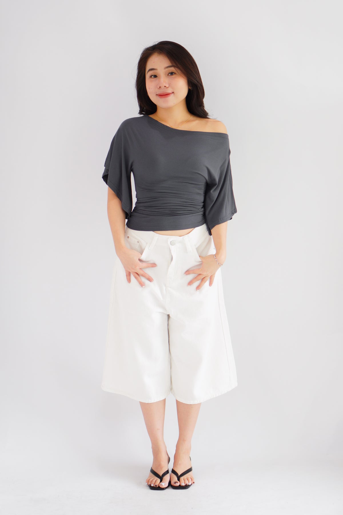 Sabrina Flutter Sleeves Ruched Waist Top in Grey