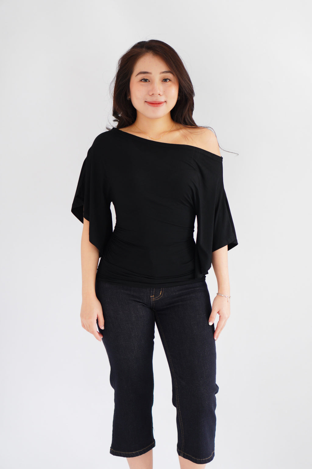 Sabrina Flutter Sleeves Ruched Waist Top in Black