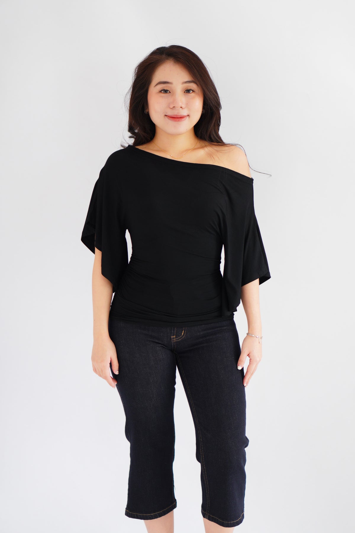 Sabrina Flutter Sleeves Ruched Waist Top in Black