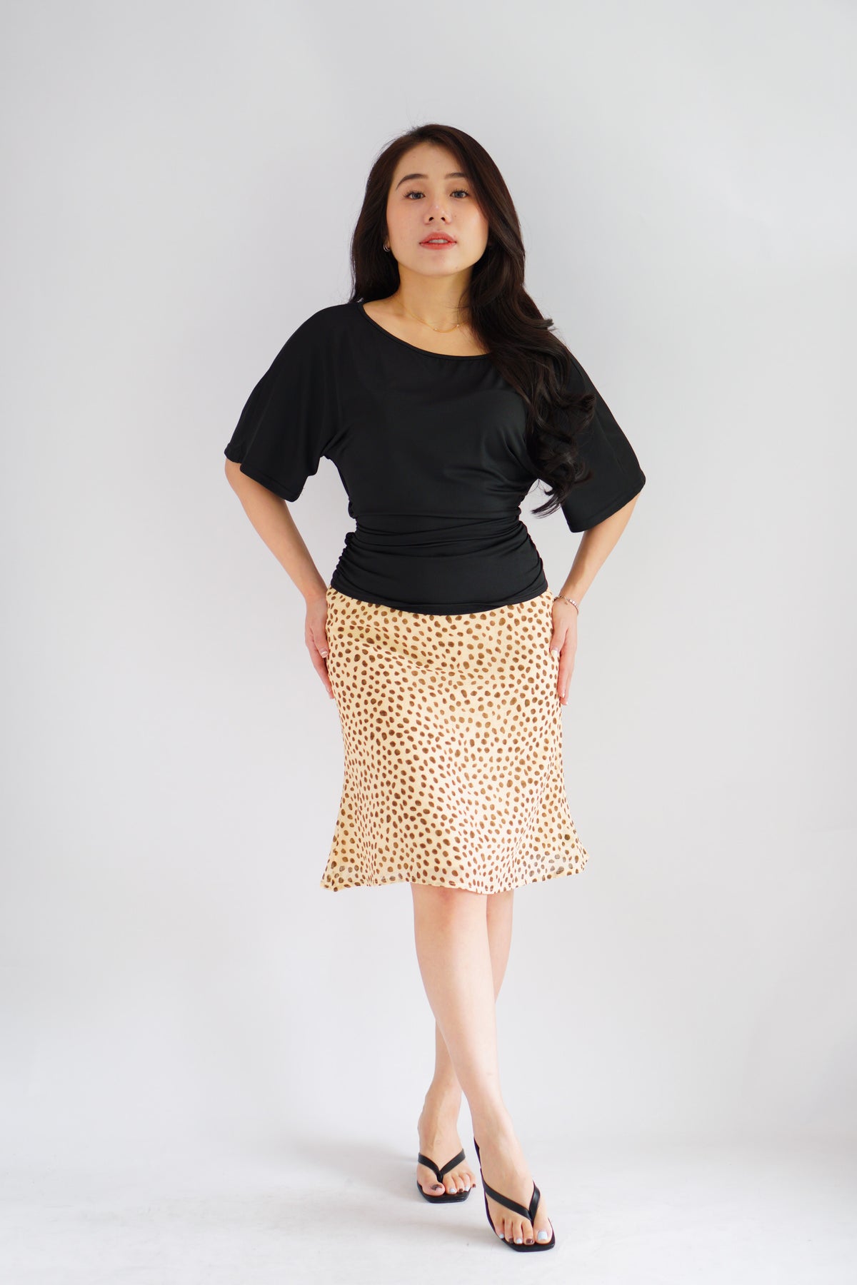 Micienne Ruched Tie Waist Flare Sleeves Top in Black
