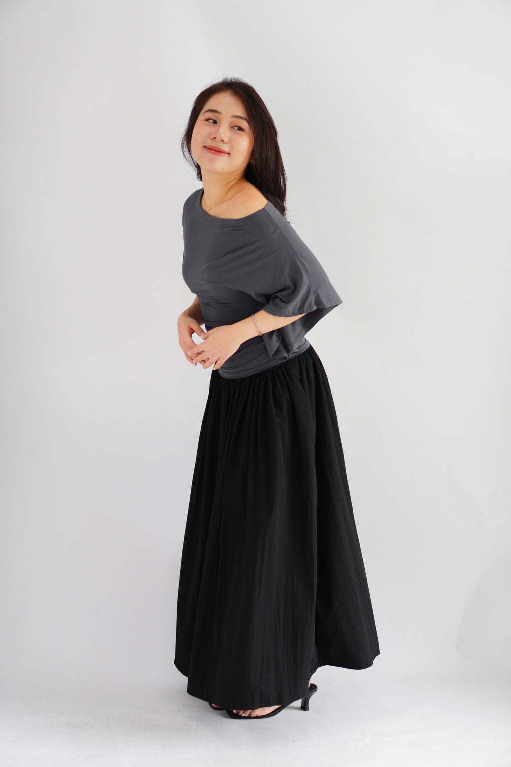 Sabrina Flutter Sleeves Ruched Waist Top in Grey
