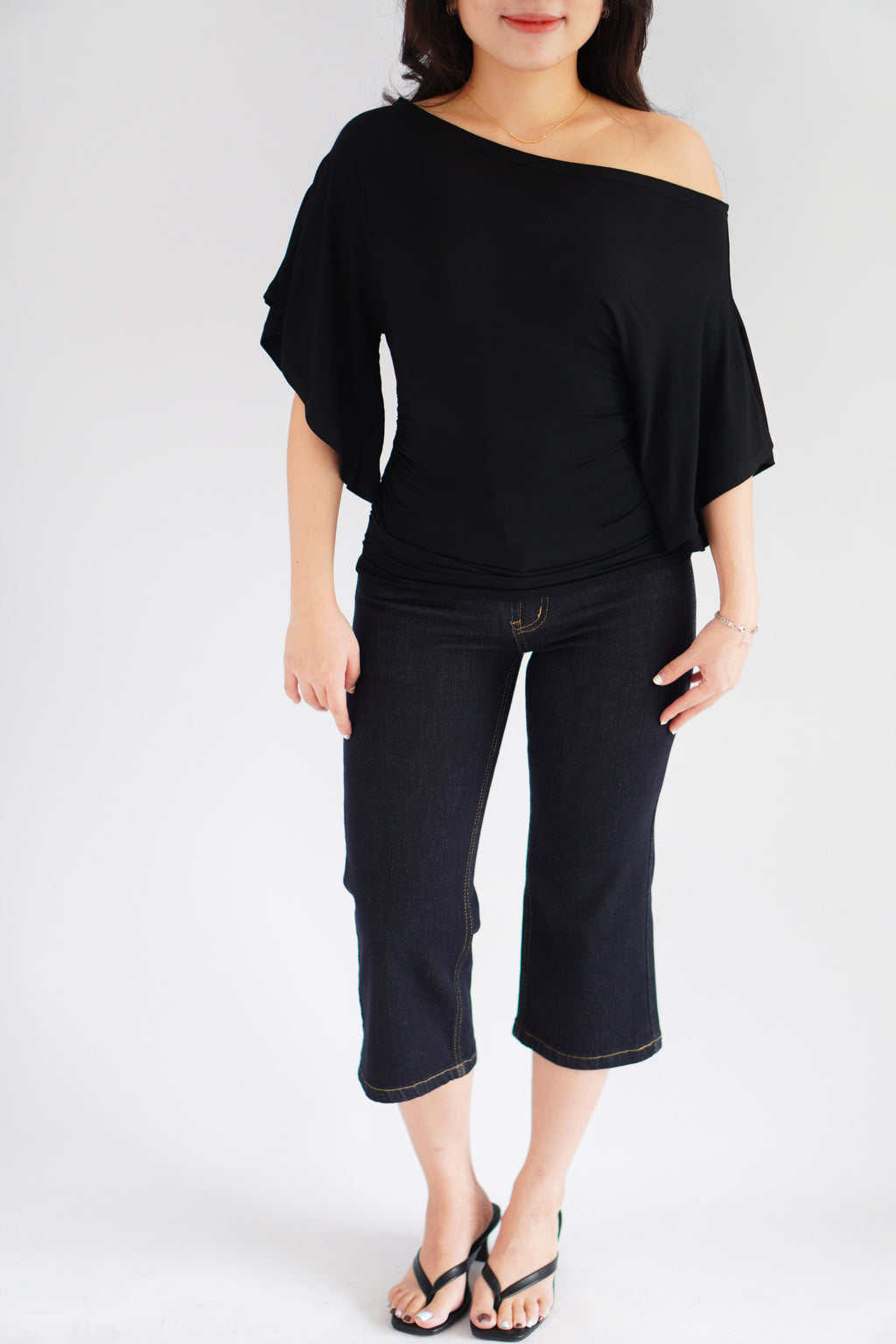 Sabrina Flutter Sleeves Ruched Waist Top in Black