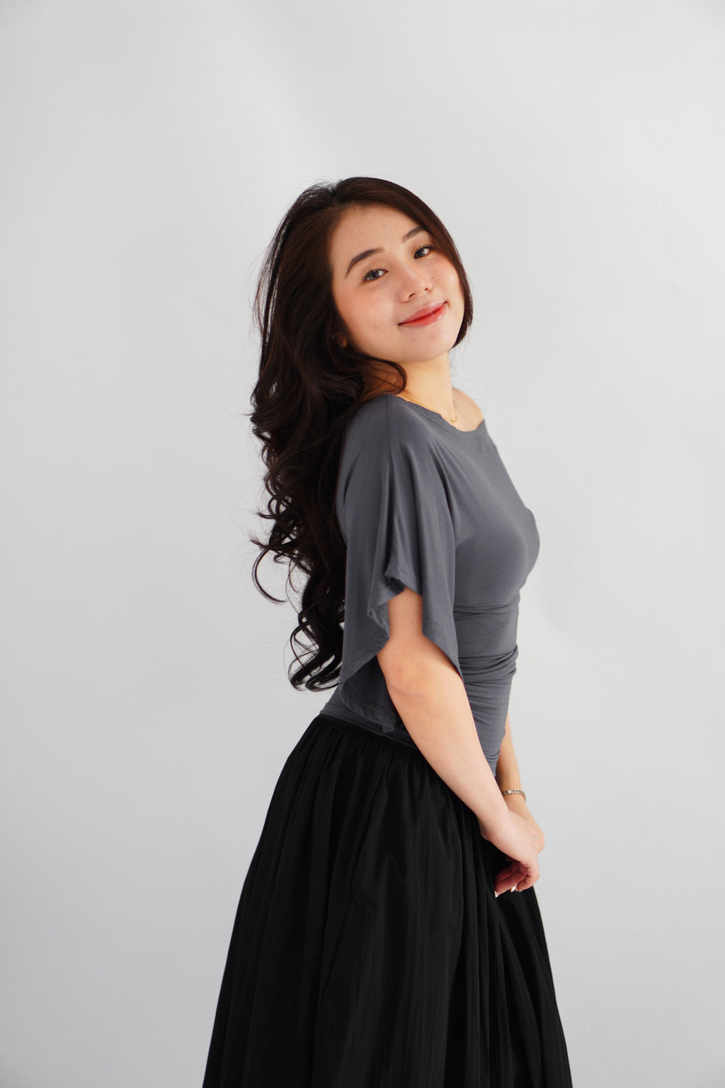 Sabrina Flutter Sleeves Ruched Waist Top in Grey