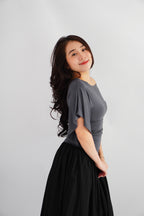 Sabrina Flutter Sleeves Ruched Waist Top in Grey