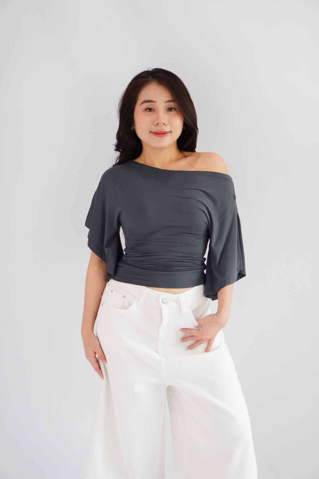 Sabrina Flutter Sleeves Ruched Waist Top in Grey