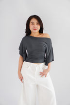 Sabrina Flutter Sleeves Ruched Waist Top in Grey