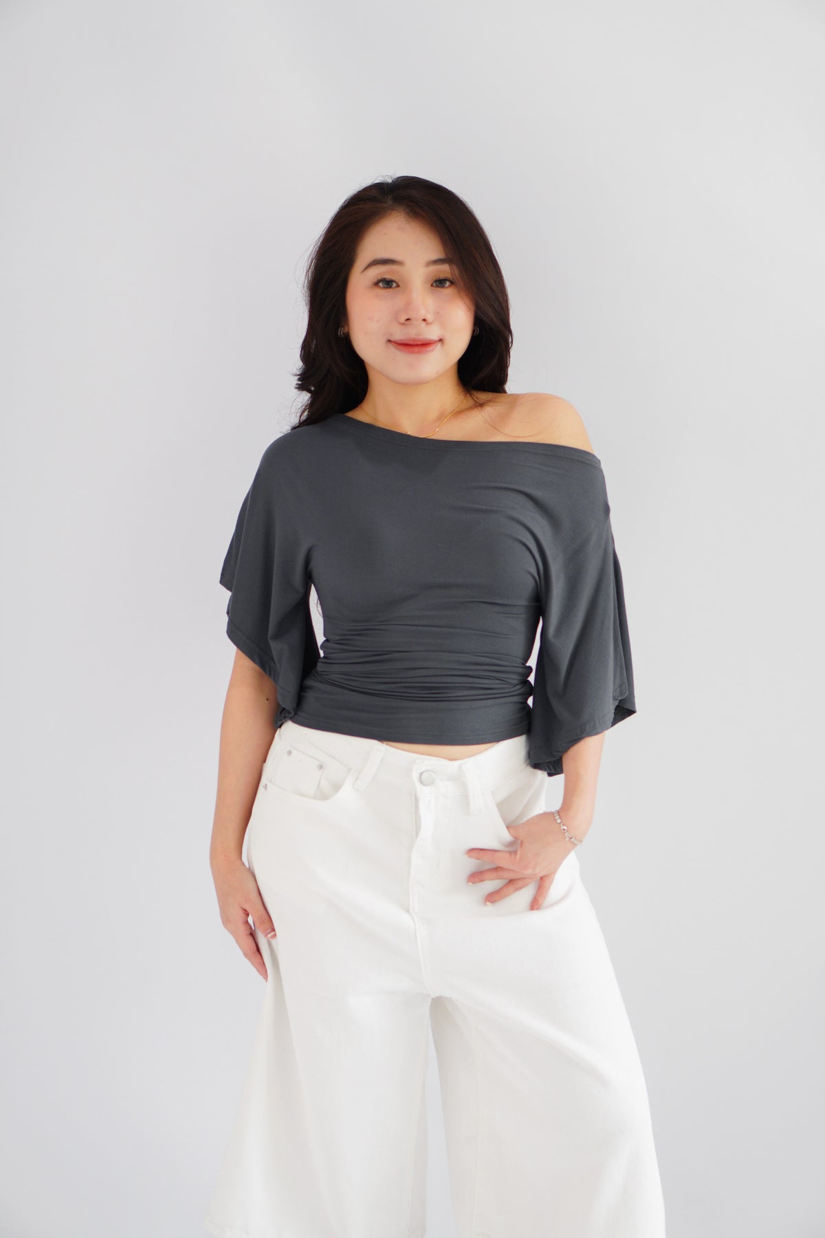 Sabrina Flutter Sleeves Ruched Waist Top in Grey
