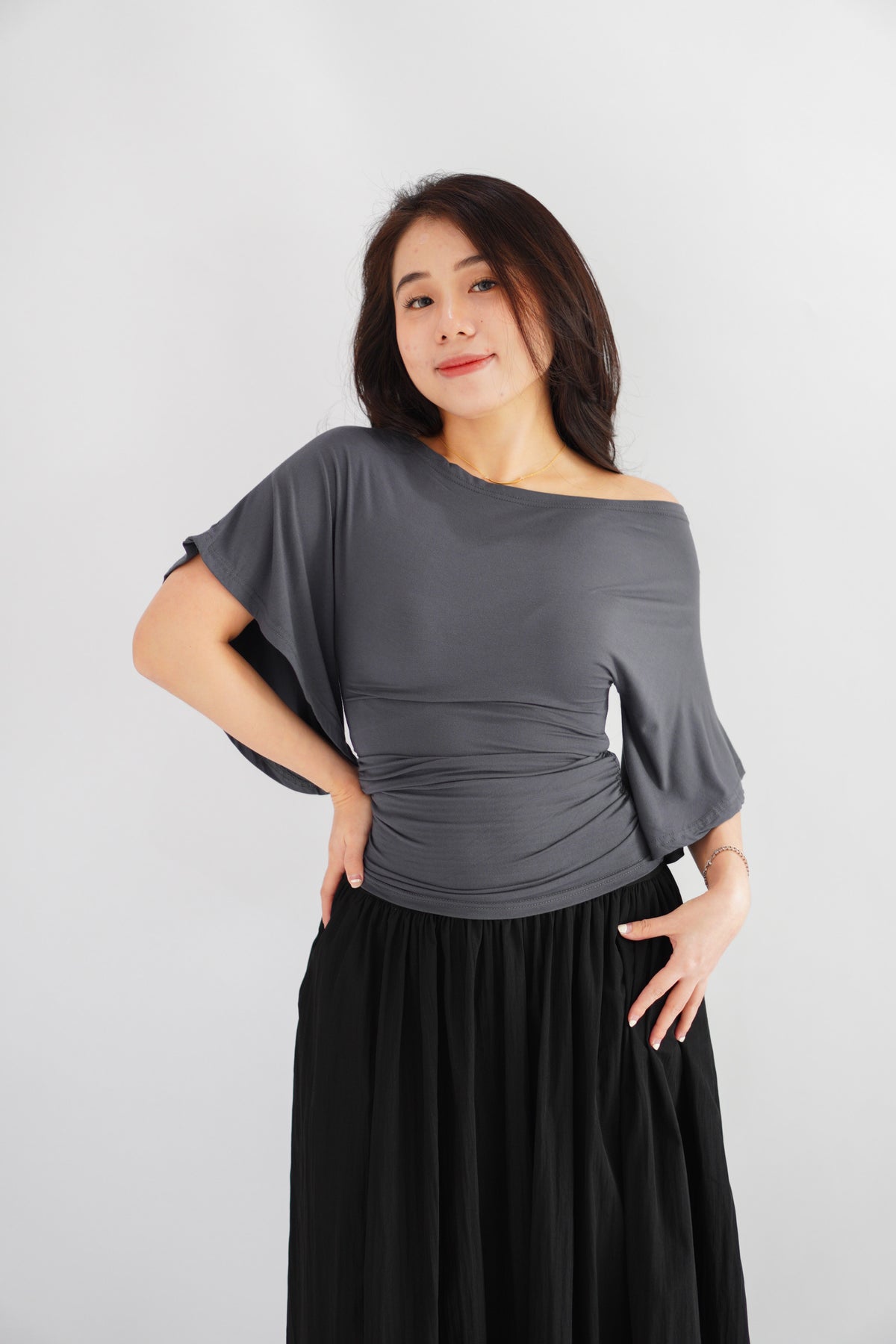 Sabrina Flutter Sleeves Ruched Waist Top in Grey