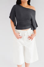 Sabrina Flutter Sleeves Ruched Waist Top in Grey