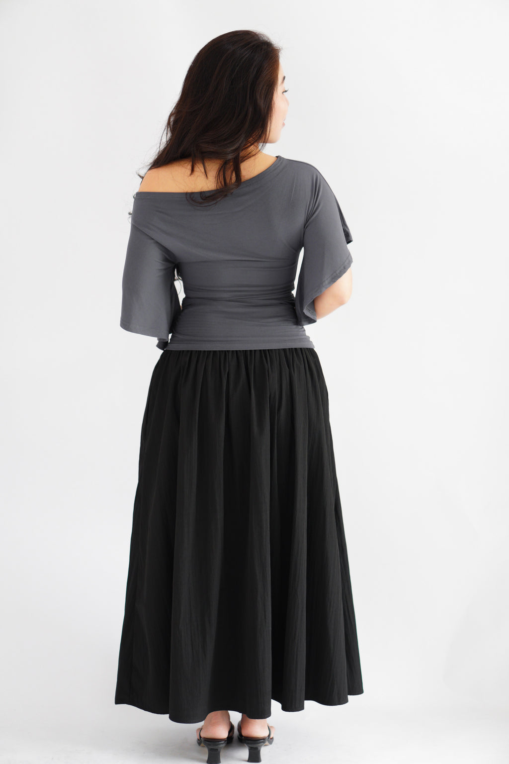 Sabrina Flutter Sleeves Ruched Waist Top in Grey