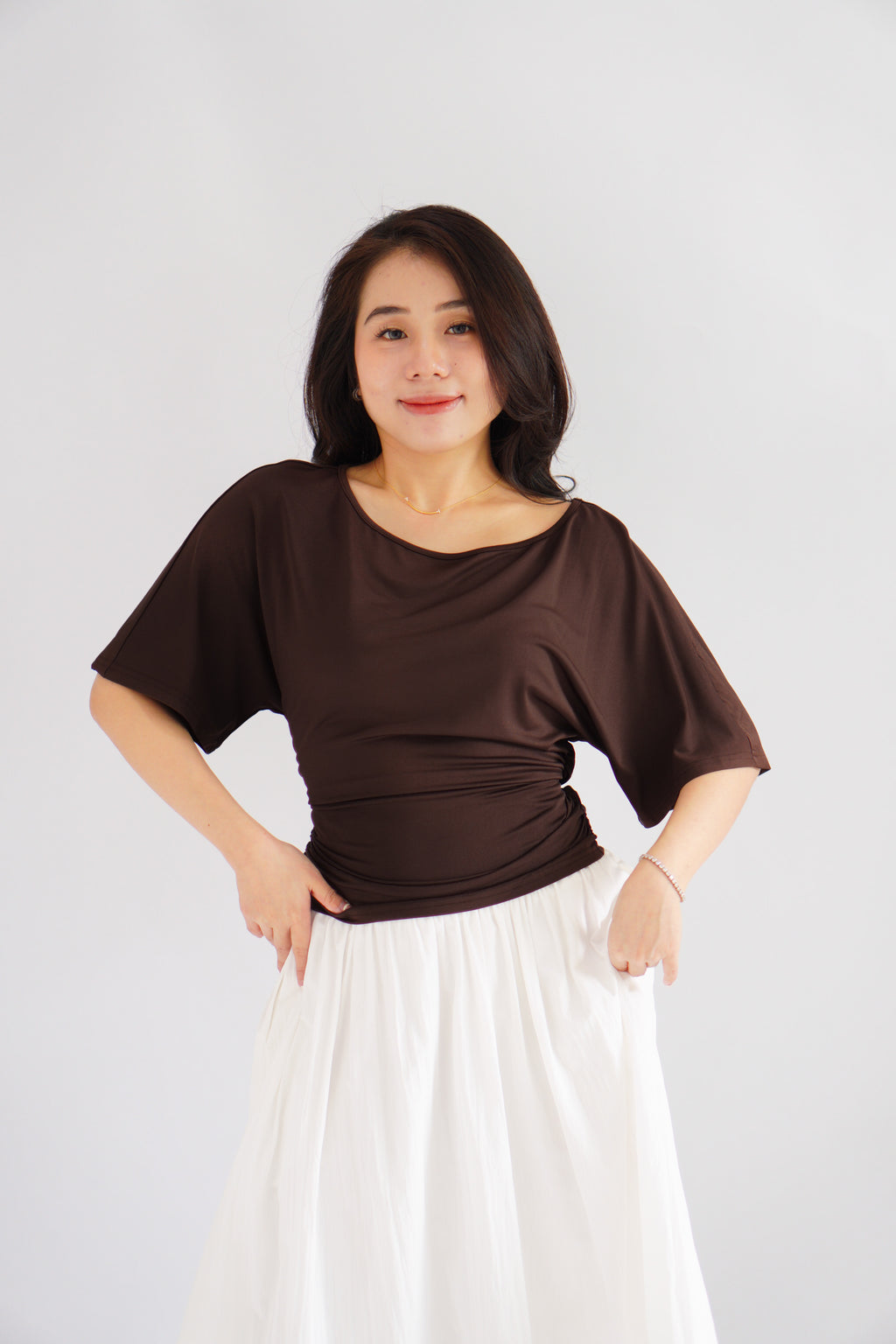 Micienne Ruched Tie Waist Flare Sleeves Top in Brown