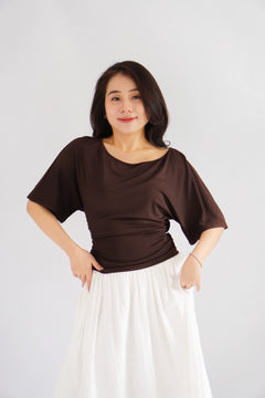 Micienne Ruched Tie Waist Flare Sleeves Top in Brown