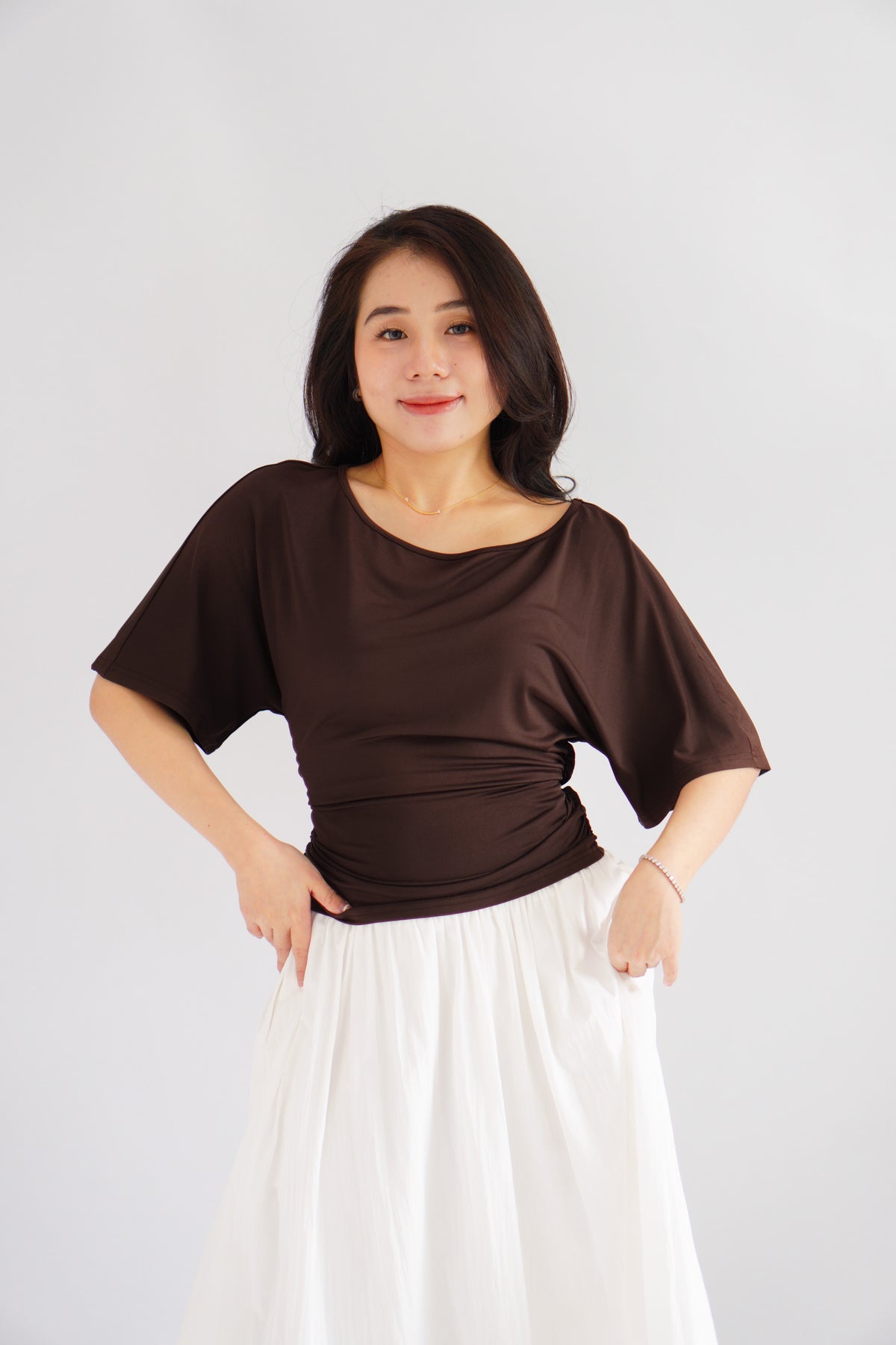 Micienne Ruched Tie Waist Flare Sleeves Top in Brown