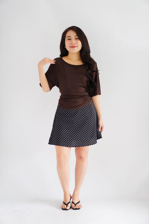 Micienne Ruched Tie Waist Flare Sleeves Top in Brown