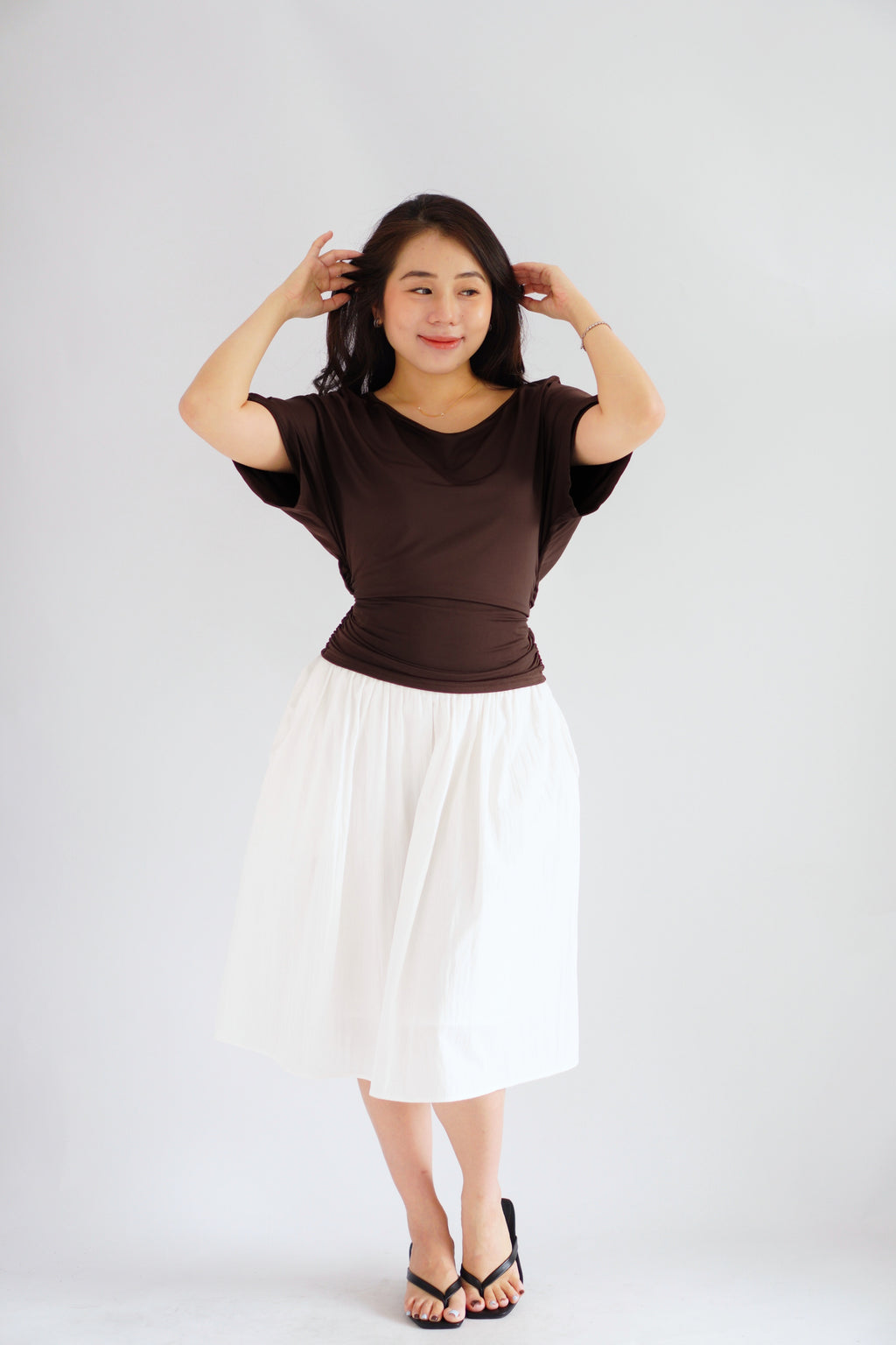 Micienne Ruched Tie Waist Flare Sleeves Top in Brown