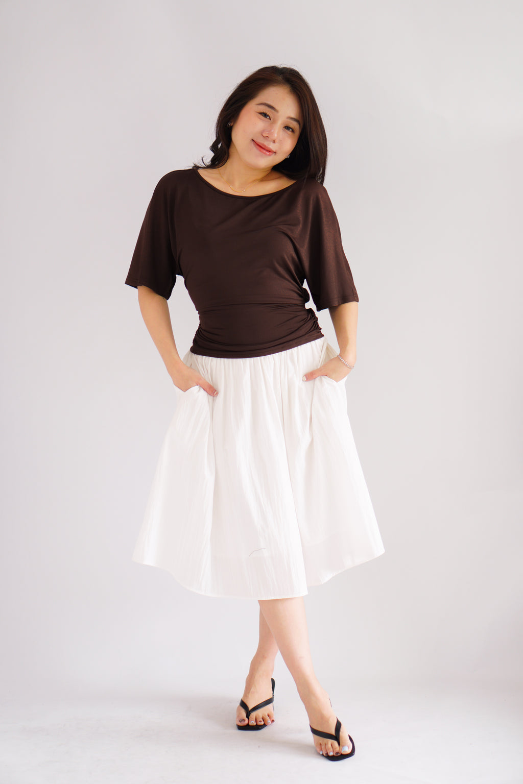 Micienne Ruched Tie Waist Flare Sleeves Top in Brown