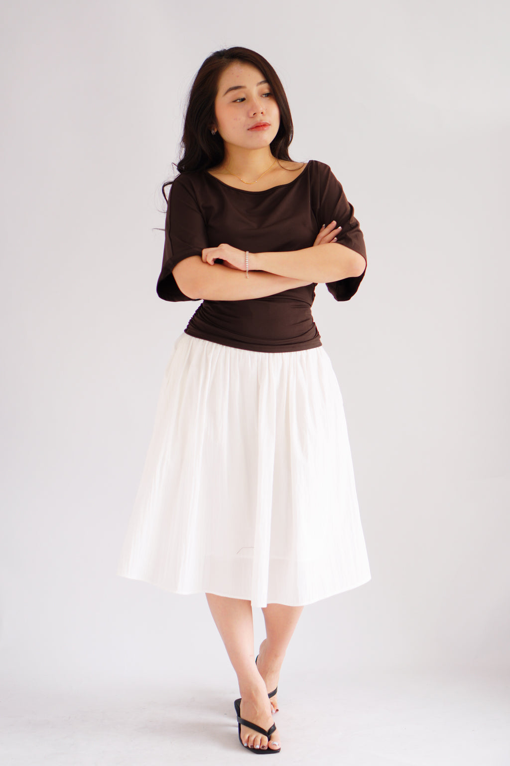 Micienne Ruched Tie Waist Flare Sleeves Top in Brown