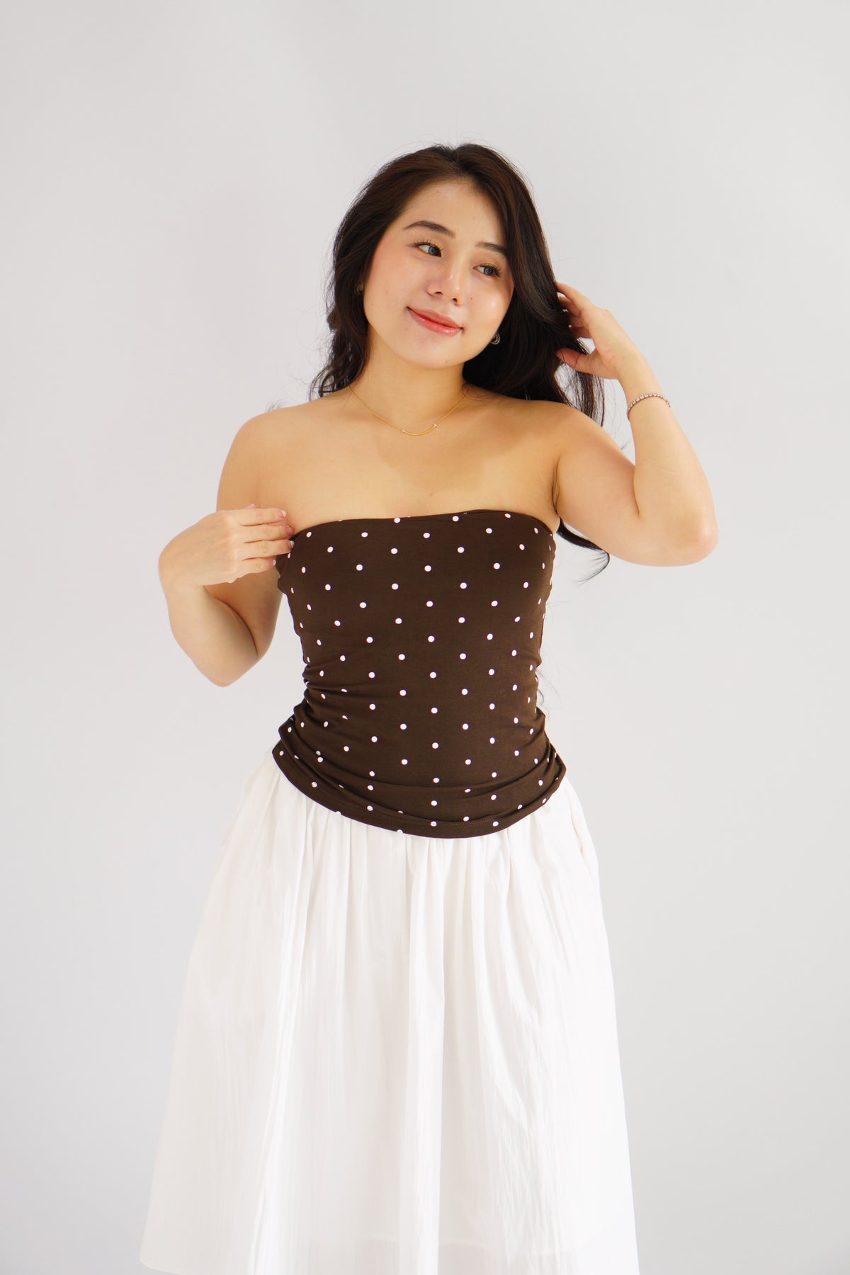 Lycia Polkadot Padded Tube Top in Brown