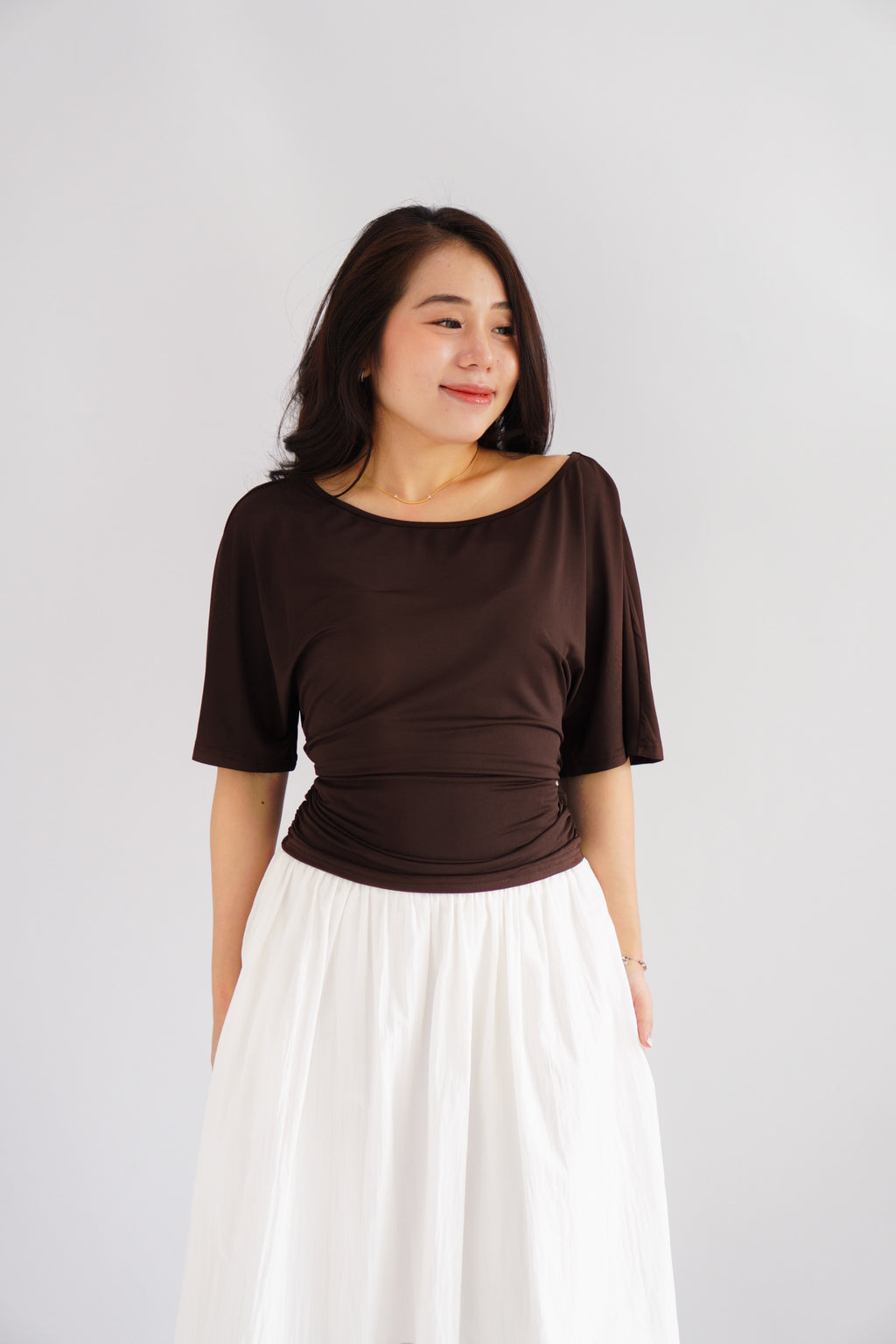 Micienne Ruched Tie Waist Flare Sleeves Top in Brown