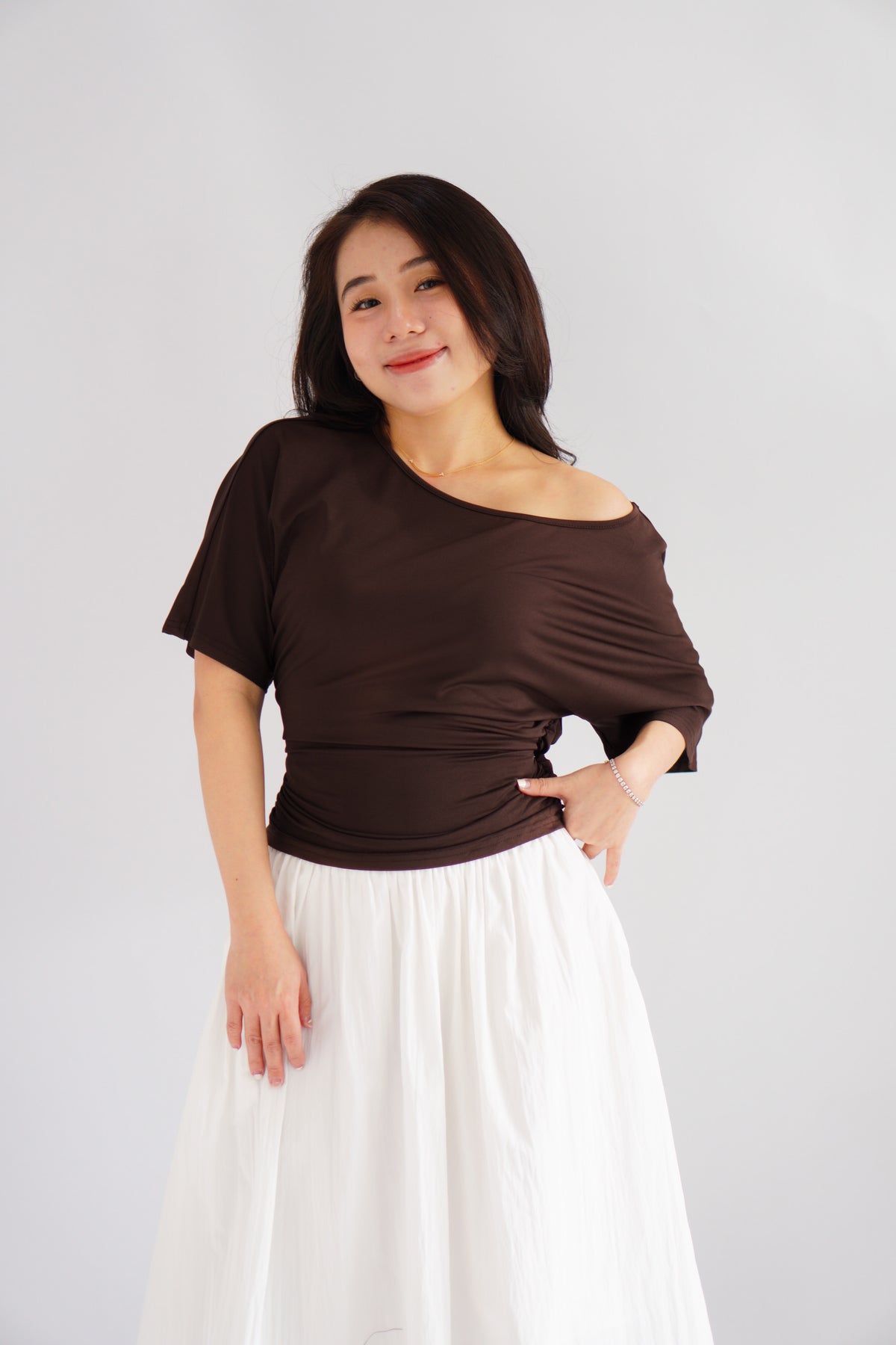 Micienne Ruched Tie Waist Flare Sleeves Top in Brown