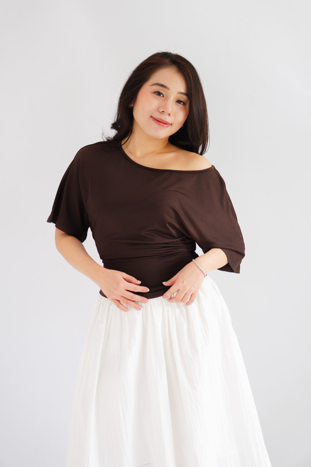 Micienne Ruched Tie Waist Flare Sleeves Top in Brown