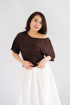 Micienne Ruched Tie Waist Flare Sleeves Top in Brown