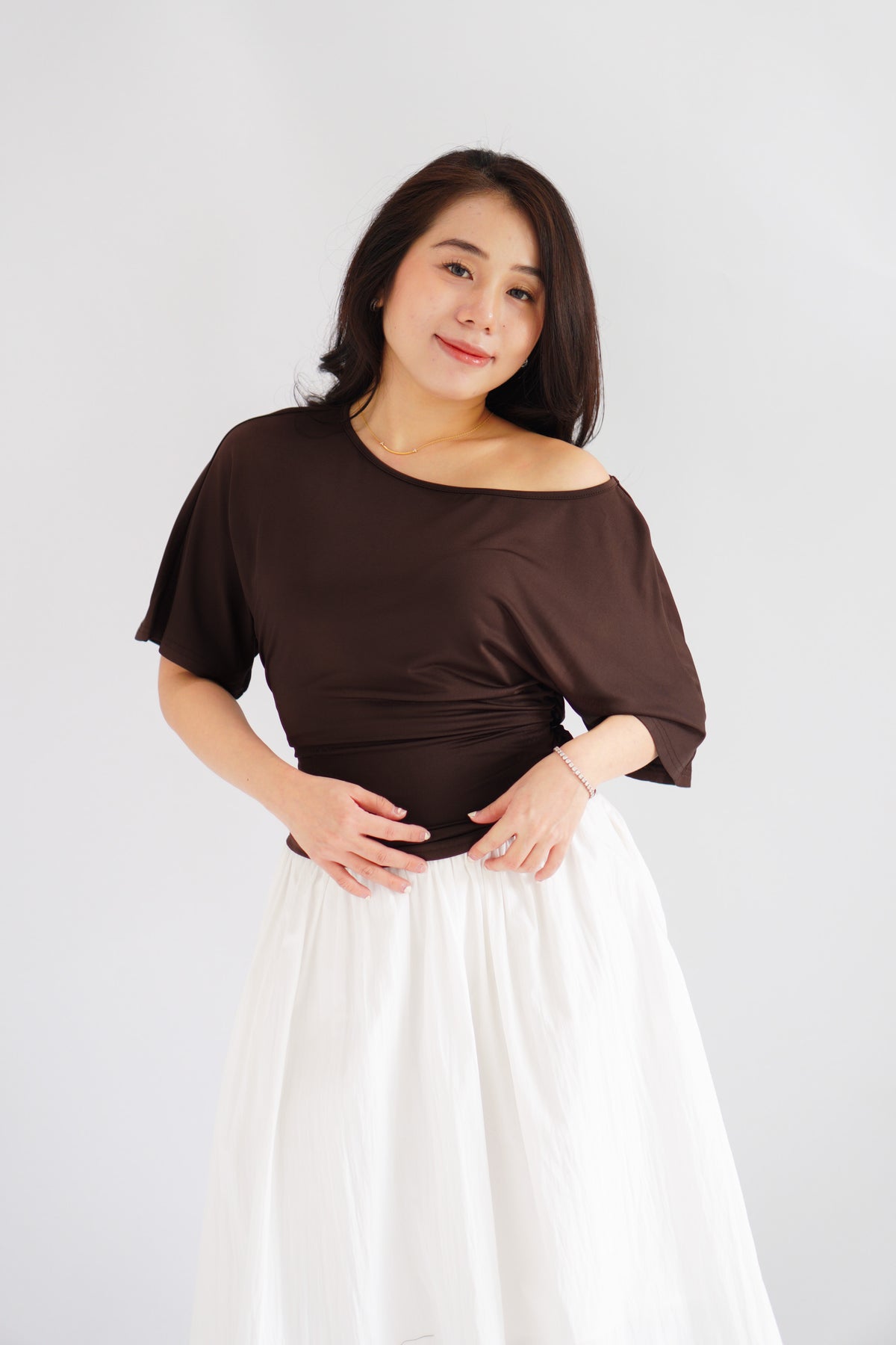 Micienne Ruched Tie Waist Flare Sleeves Top in Brown