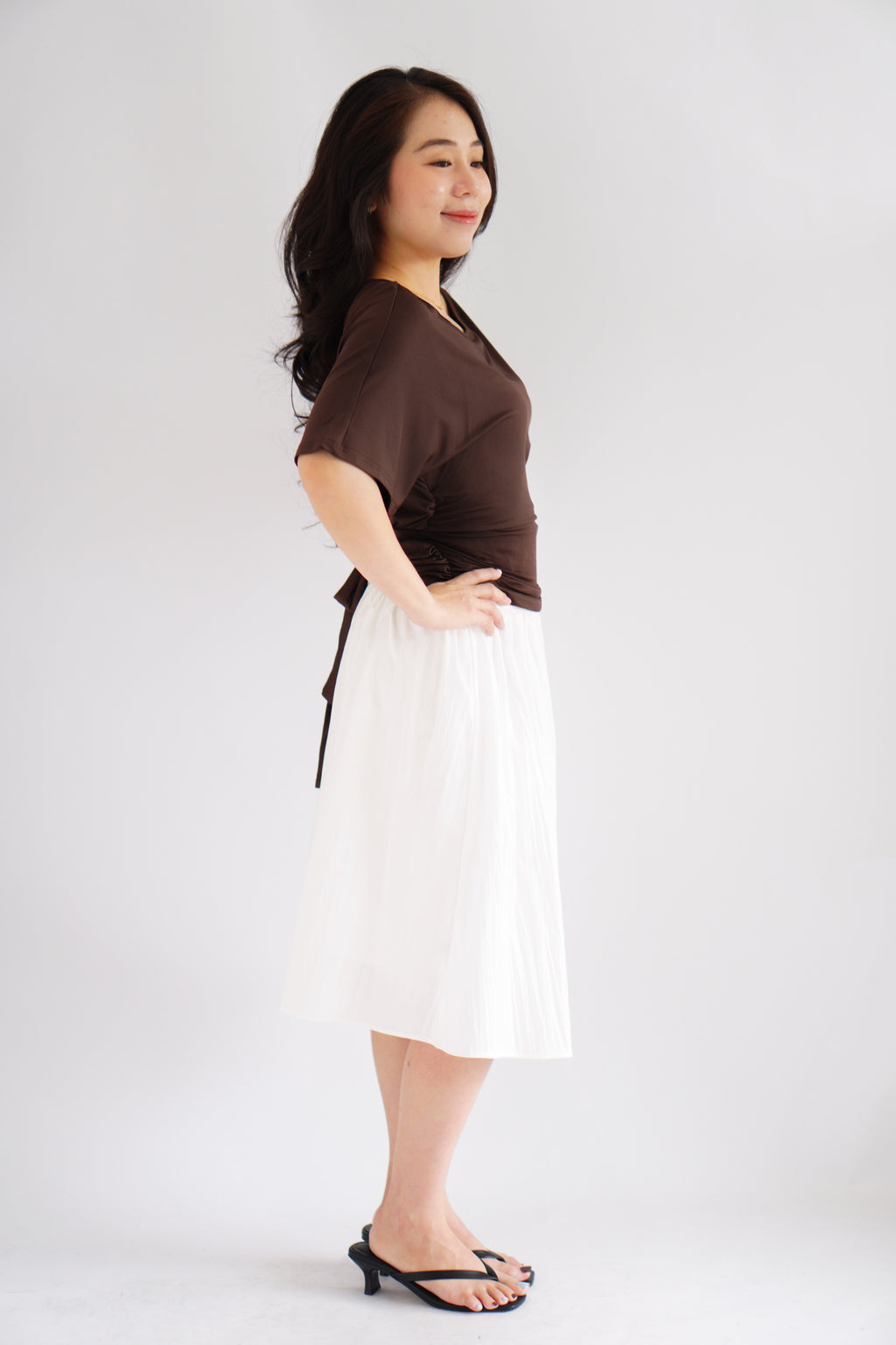 Micienne Ruched Tie Waist Flare Sleeves Top in Brown