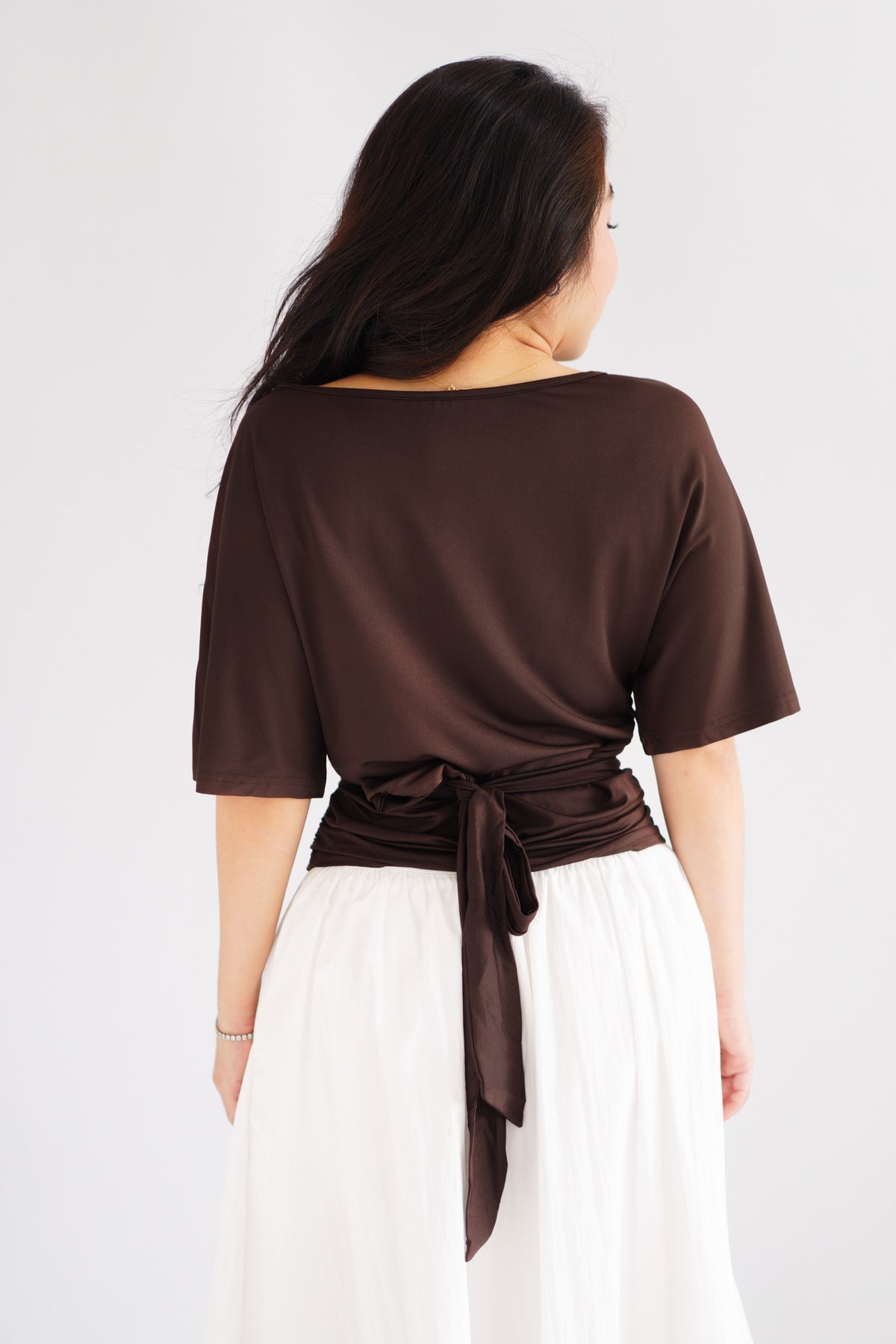 Micienne Ruched Tie Waist Flare Sleeves Top in Brown