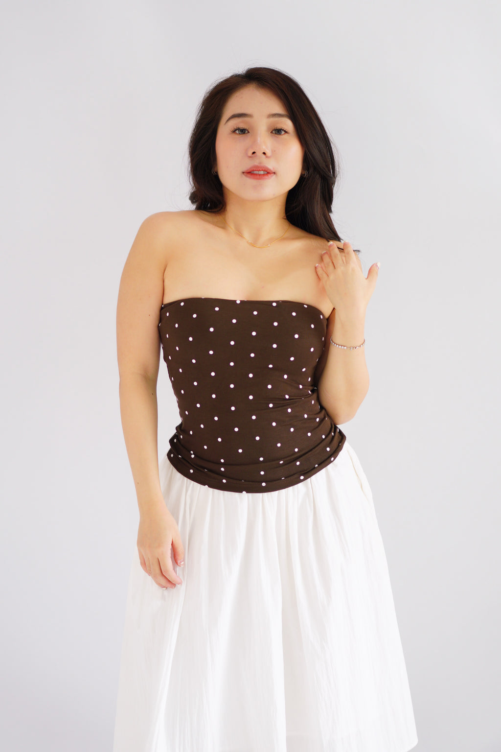 Lycia Polkadot Padded Tube Top in Brown