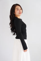 Carrie Lace V Neck Long Sleeve Top in Black