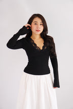 Carrie Lace V Neck Long Sleeve Top in Black