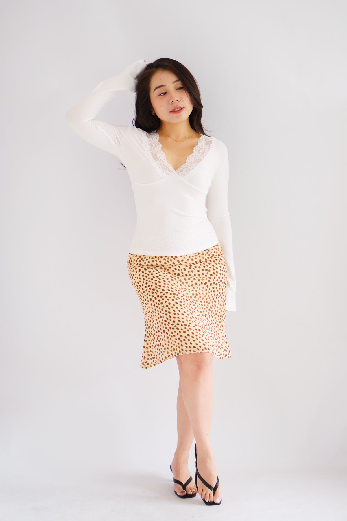 Carrie Lace V Neck Long Sleeve Top in White