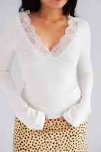 Carrie Lace V Neck Long Sleeve Top in White