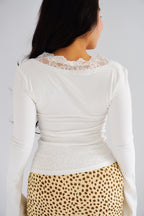 Carrie Lace V Neck Long Sleeve Top in White