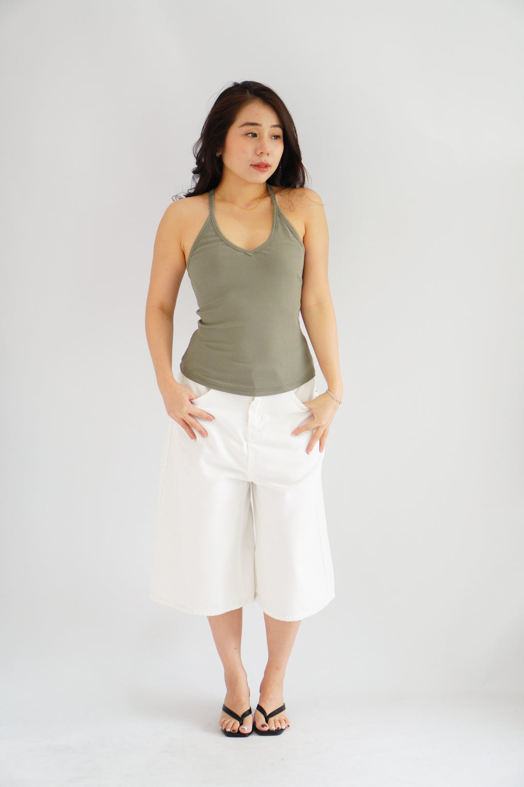 Esme Basic V Neck Camisole Top in Green