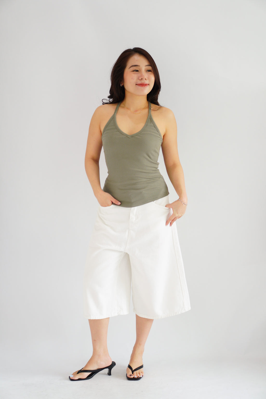 Esme Basic V Neck Camisole Top in Green
