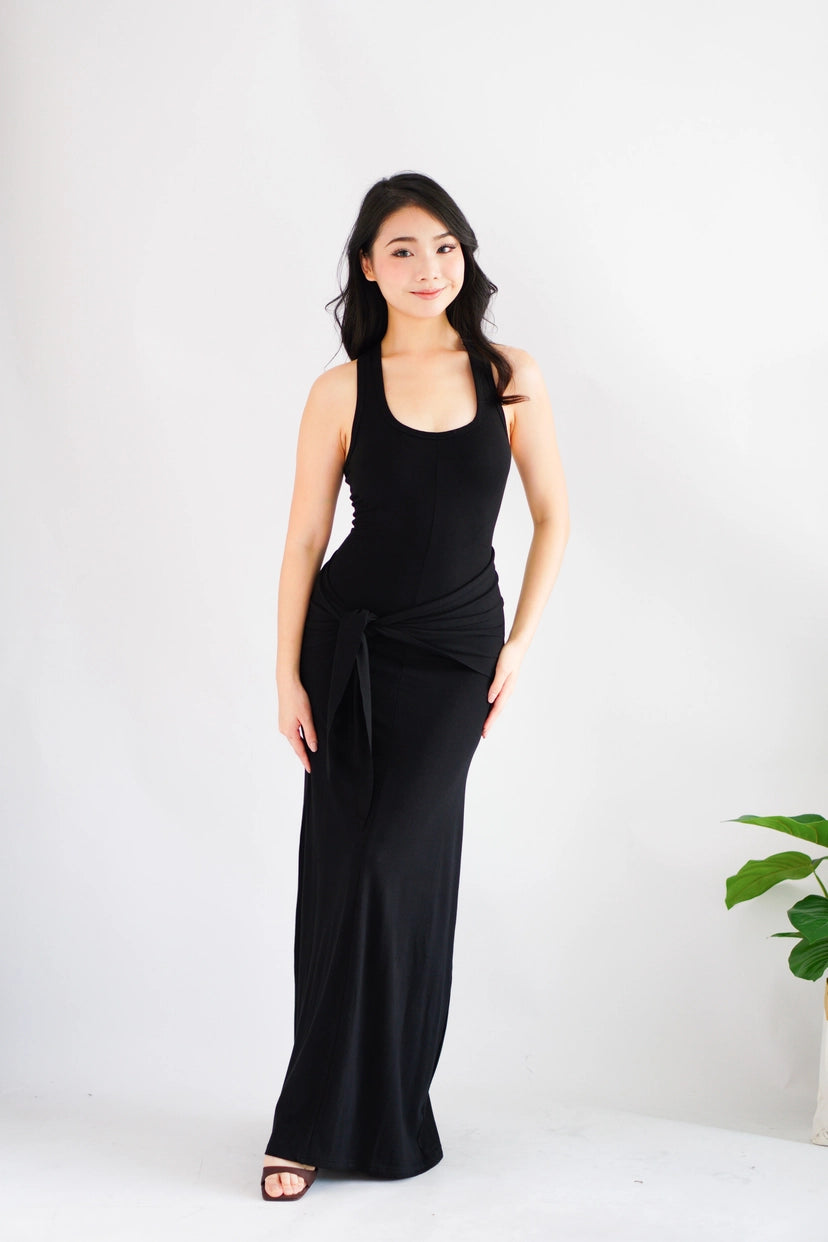 Astrid Halter Neck Bodycon Maxi Dress with Self Tied Scarf in Black