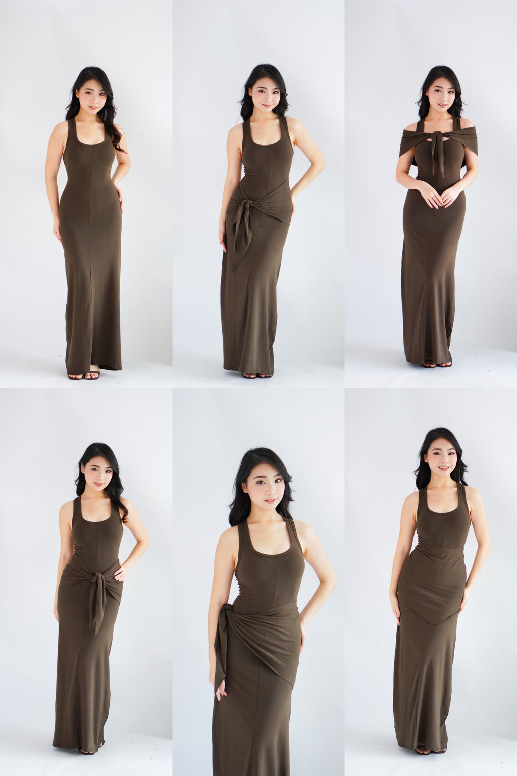 Astrid Halter Neck Bodycon Maxi Dress with Self Tied Scarf in Brown