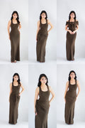 Astrid Halter Neck Bodycon Maxi Dress with Self Tied Scarf in Brown