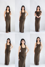 Astrid Halter Neck Bodycon Maxi Dress with Self Tied Scarf in Brown