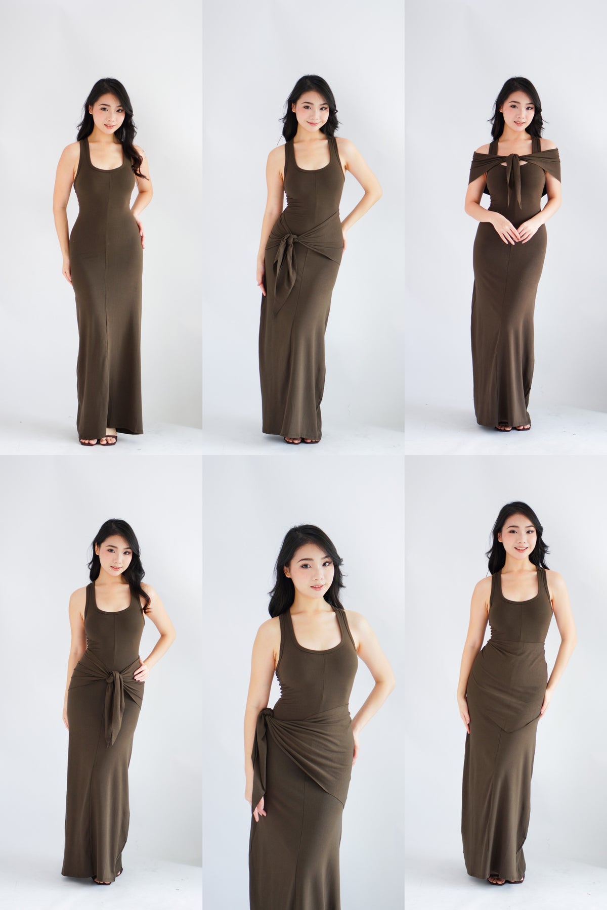 Astrid Halter Neck Bodycon Maxi Dress with Self Tied Scarf in Brown