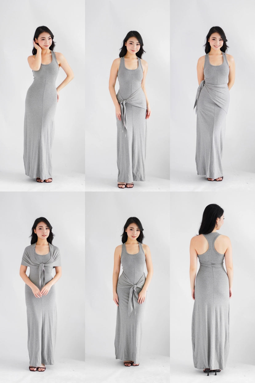 Astrid Halter Neck Bodycon Maxi Dress with Self Tied Scarf in Grey